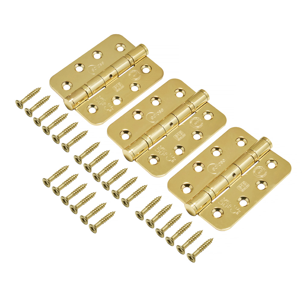 Eclipse 4 inch (102mm) Ball Bearing Hinge Grade 13 Radius End Polished Brass (Pack of 3) SD